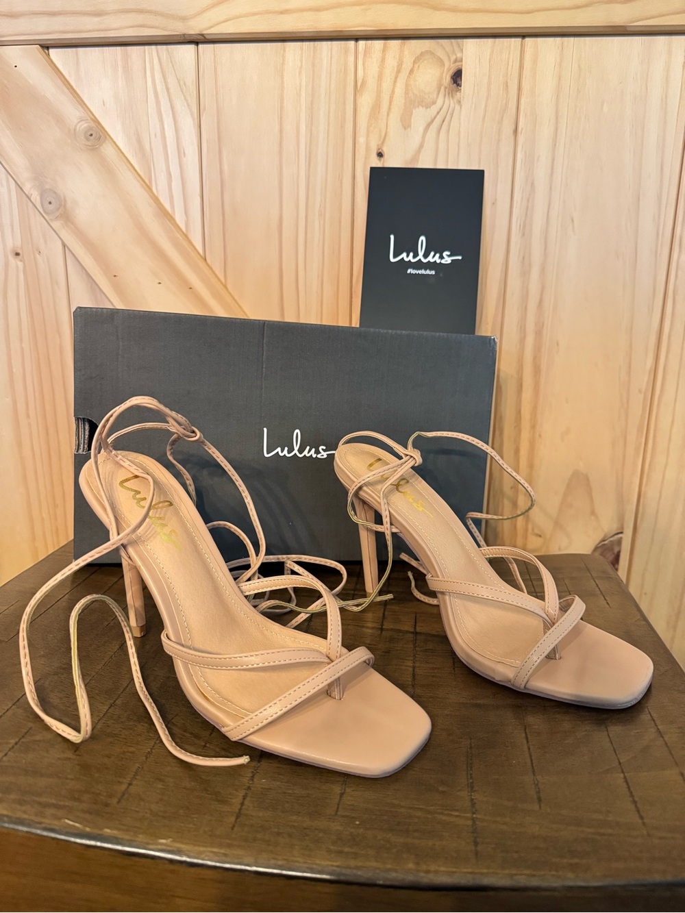 Lulu's nude lace-up stiletto sandals